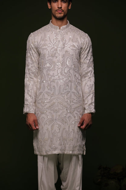 TAPA WHITE KURTA SET WITH PATIYALA AND DUPATTA - White Maison de Couture