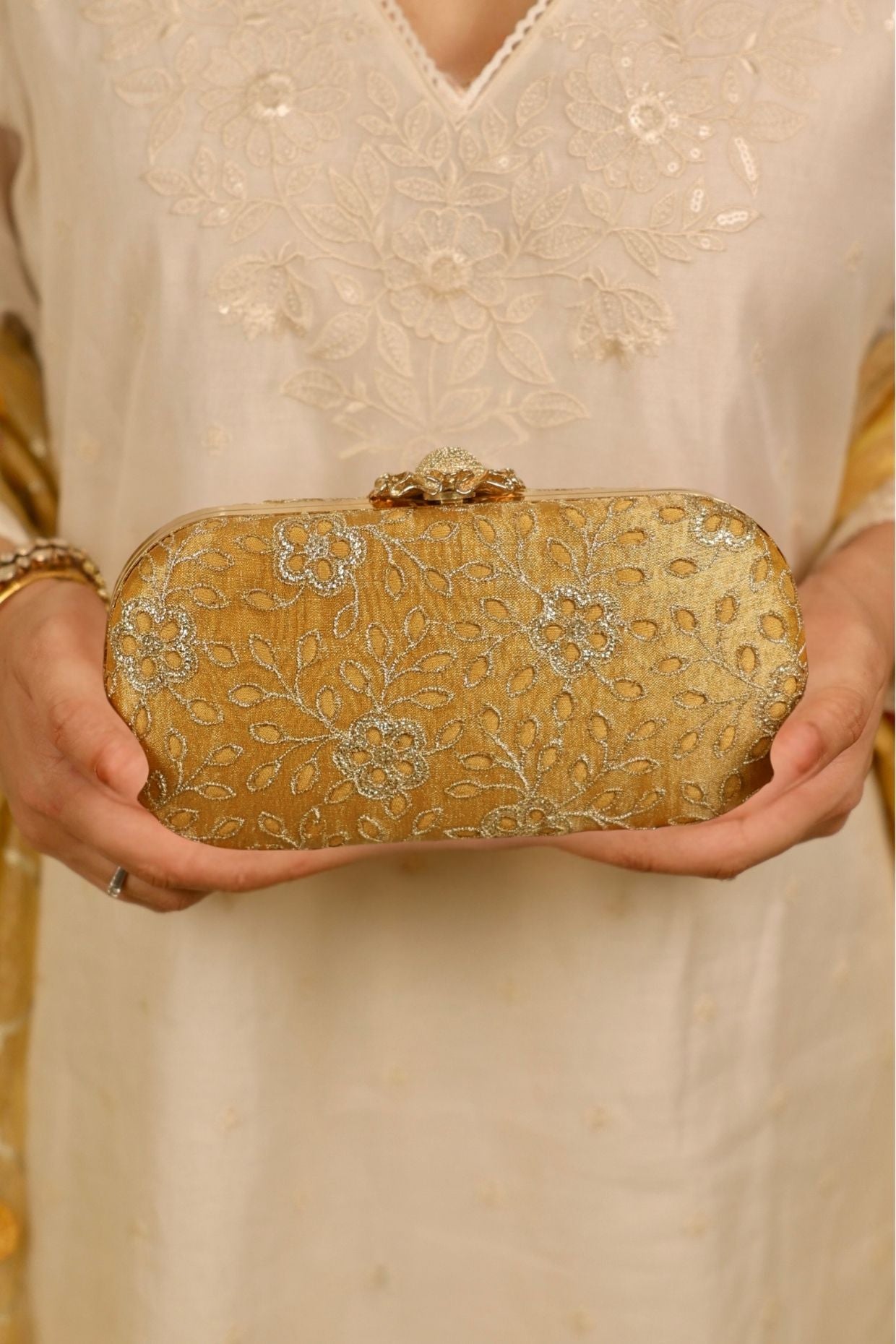 TARANG CUTWORK CAPSULE CLUTCH - White Maison de Couture