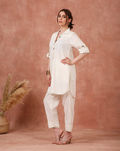 THREAD WORK WITH SWAROVSKI BUTTON ON LINEN - White Maison de Couture