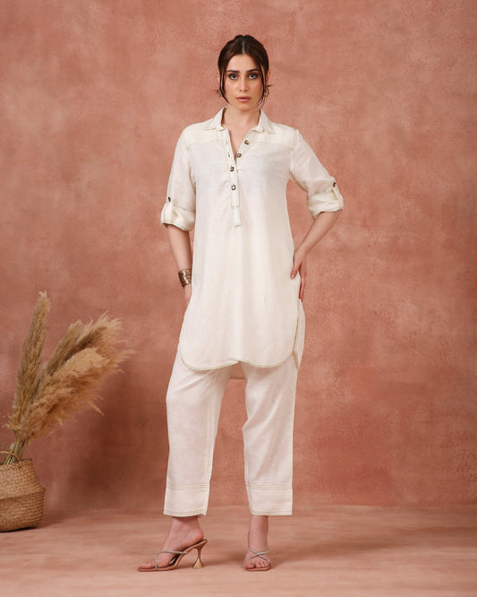 THREAD WORK WITH SWAROVSKI BUTTON ON LINEN - White Maison de Couture
