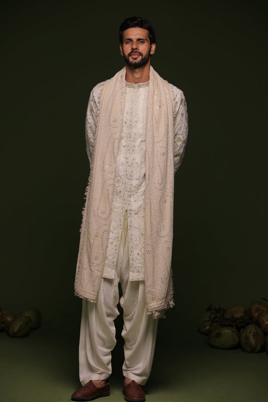 VARA BEIGE KURTA SET WITH PATIYALA AND DUPATTA - White Maison de Couture