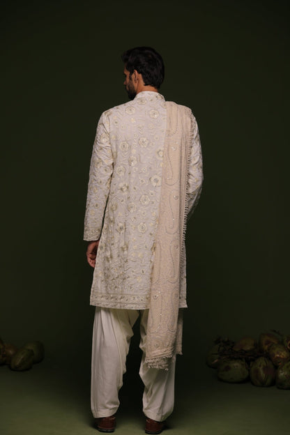 VARA BEIGE KURTA SET WITH PATIYALA AND DUPATTA - White Maison de Couture