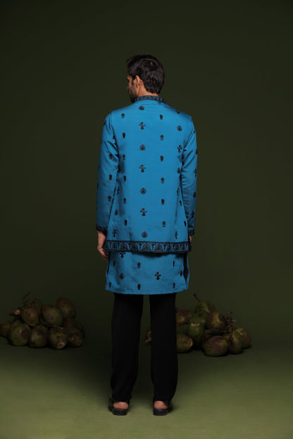 VASU PERSIAN BLUE JACKET KURTA SET WITH DUPATTA - White Maison de Couture