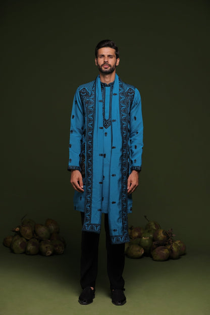 VASU PERSIAN BLUE JACKET KURTA SET WITH DUPATTA - White Maison de Couture