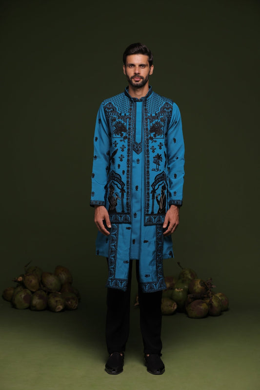 VASU PERSIAN BLUE JACKET KURTA SET WITH DUPATTA - White Maison de Couture