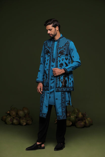 VASU PERSIAN BLUE JACKET KURTA SET WITH DUPATTA - White Maison de Couture