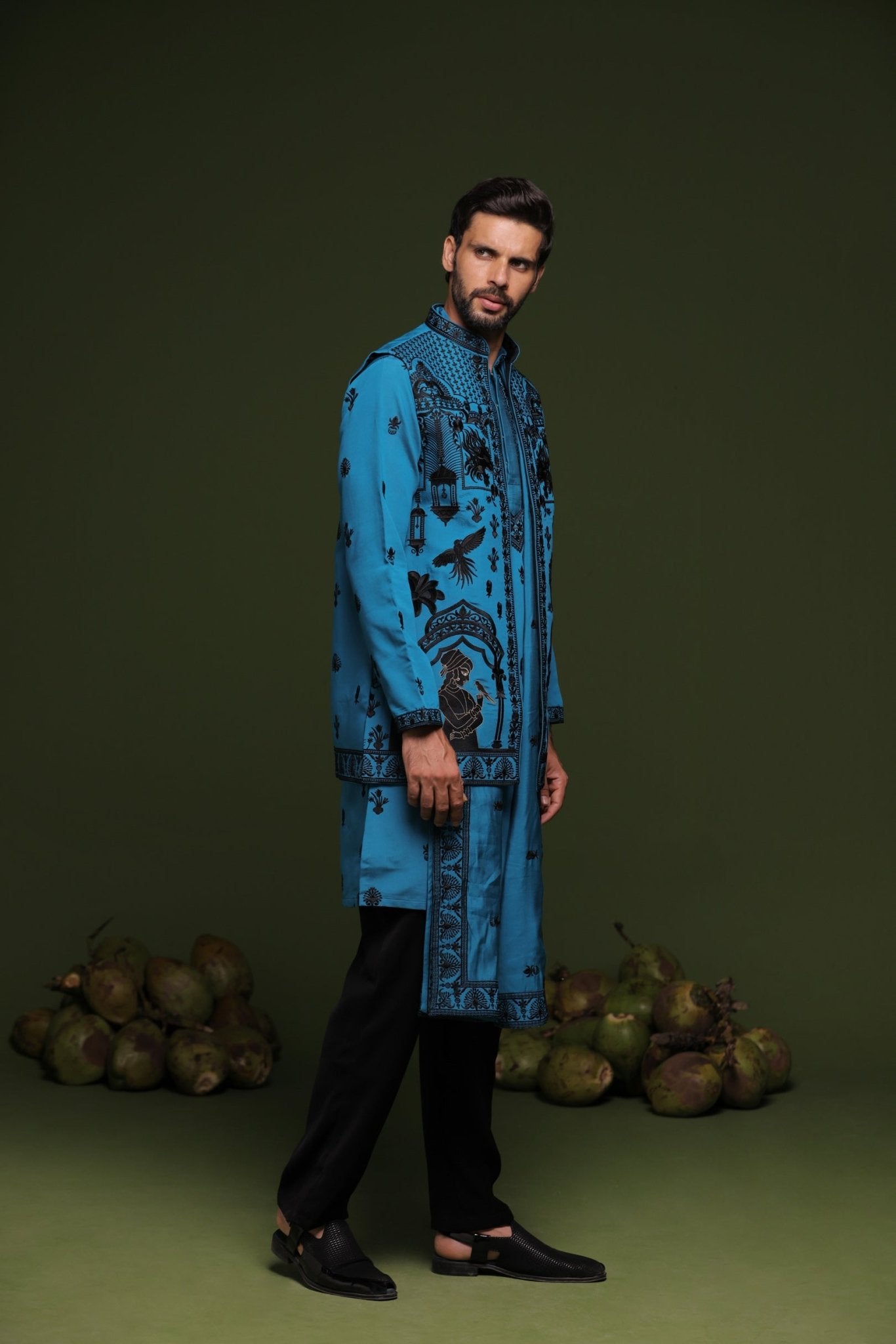 VASU PERSIAN BLUE JACKET KURTA SET WITH DUPATTA - White Maison de Couture