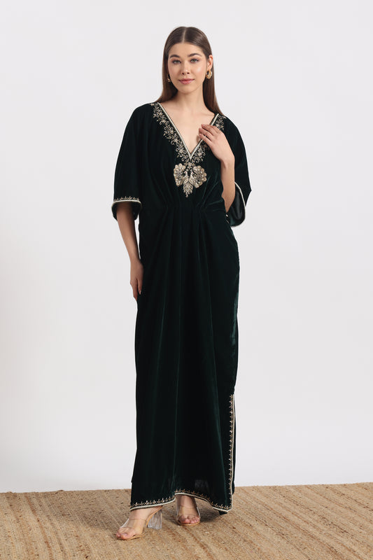 DARK GREEN VEL MAYURA KAFTAAN