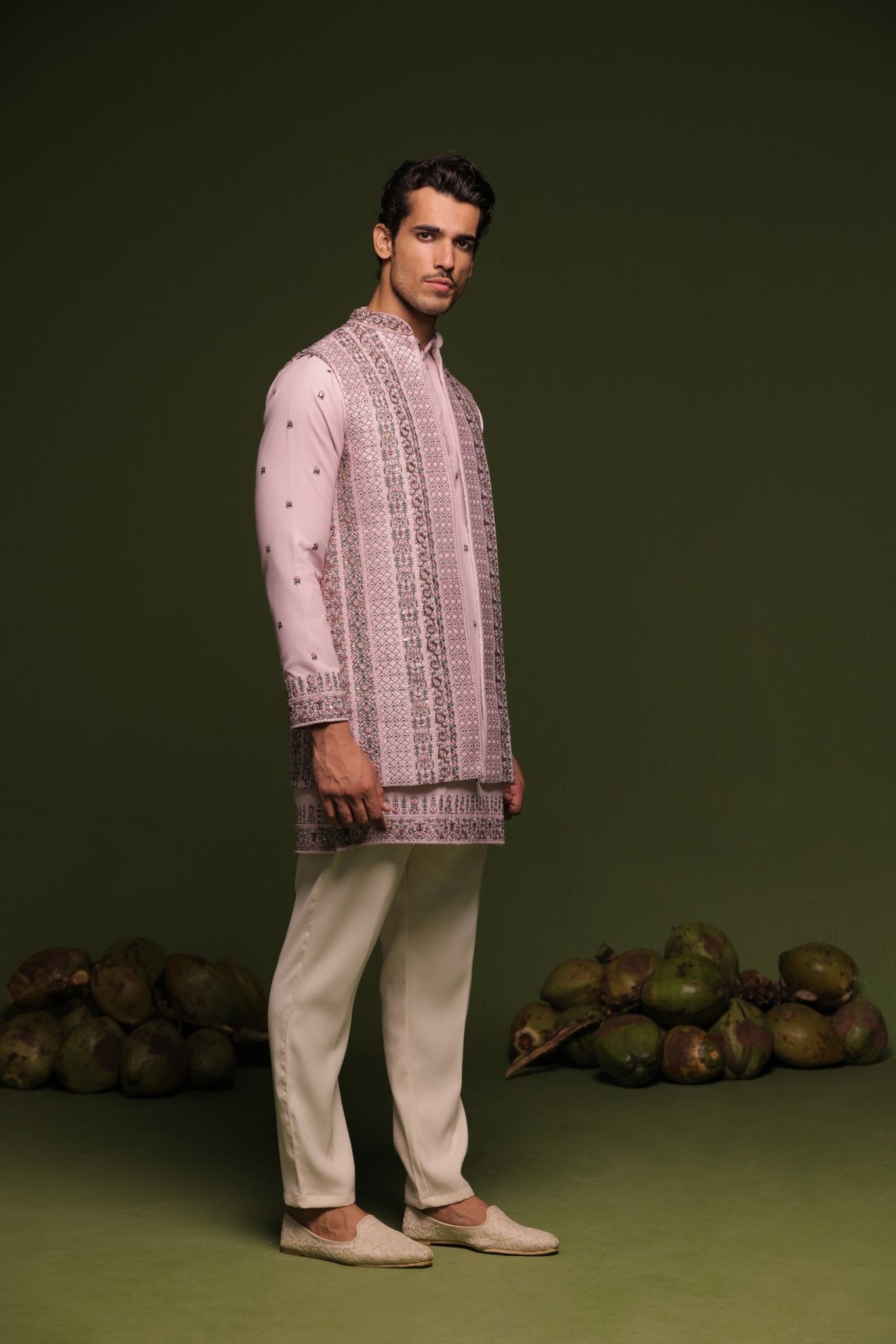 VRISHIN MAUVE PURPLE JODHPURI SET WITH SHORT SHIRT PANT - White Maison de Couture