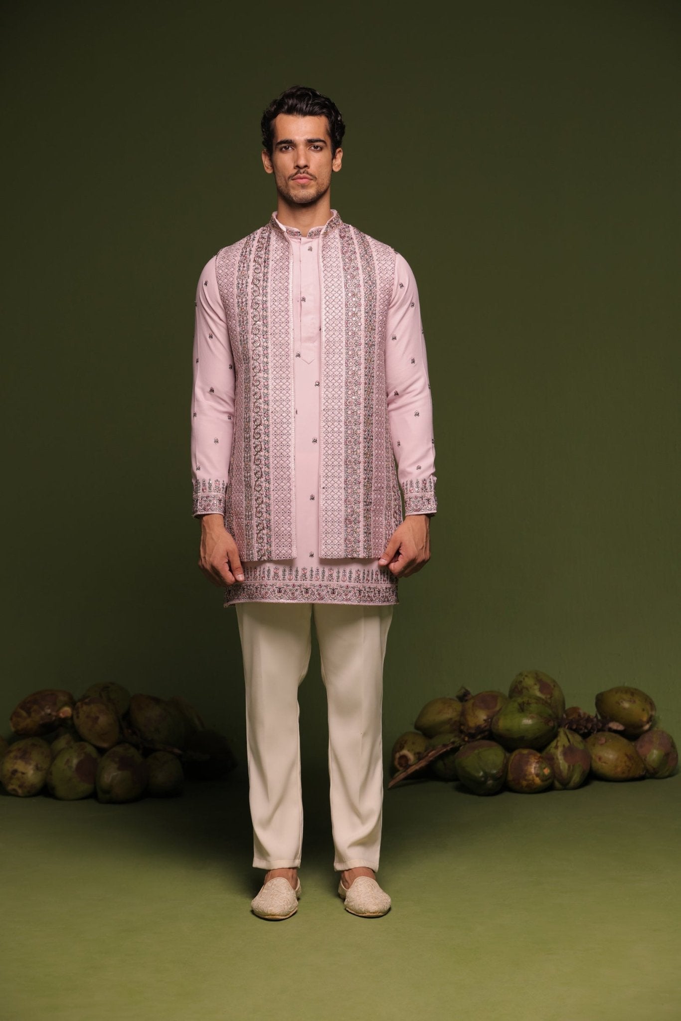 VRISHIN MAUVE PURPLE JODHPURI SET WITH SHORT SHIRT PANT - White Maison de Couture