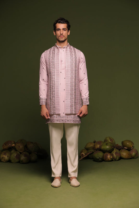 VRISHIN MAUVE PURPLE JODHPURI SET WITH SHORT SHIRT PANT - White Maison de Couture