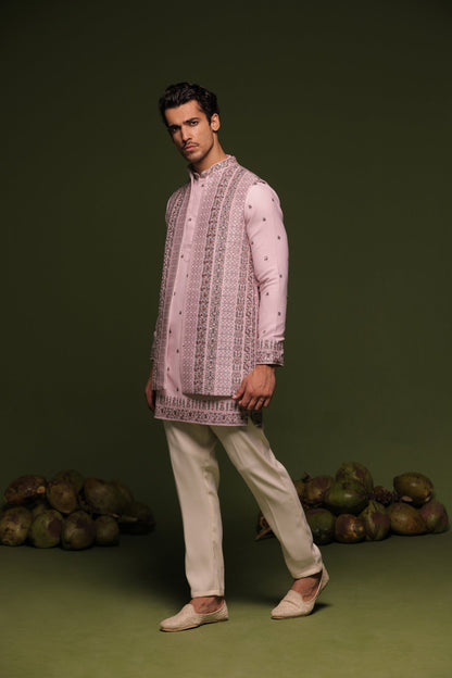 VRISHIN MAUVE PURPLE JODHPURI SET WITH SHORT SHIRT PANT - White Maison de Couture