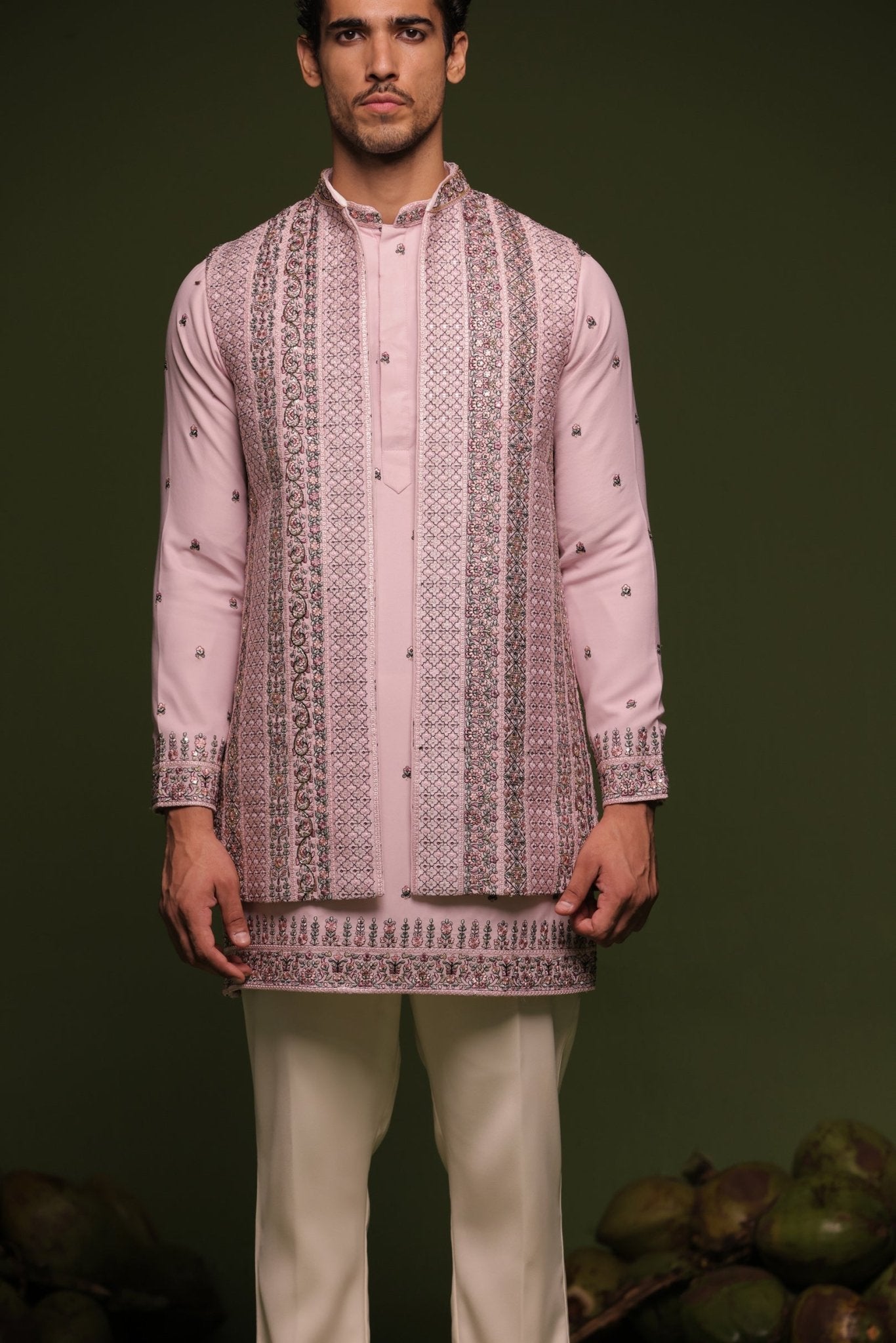 VRISHIN MAUVE PURPLE JODHPURI SET WITH SHORT SHIRT PANT - White Maison de Couture