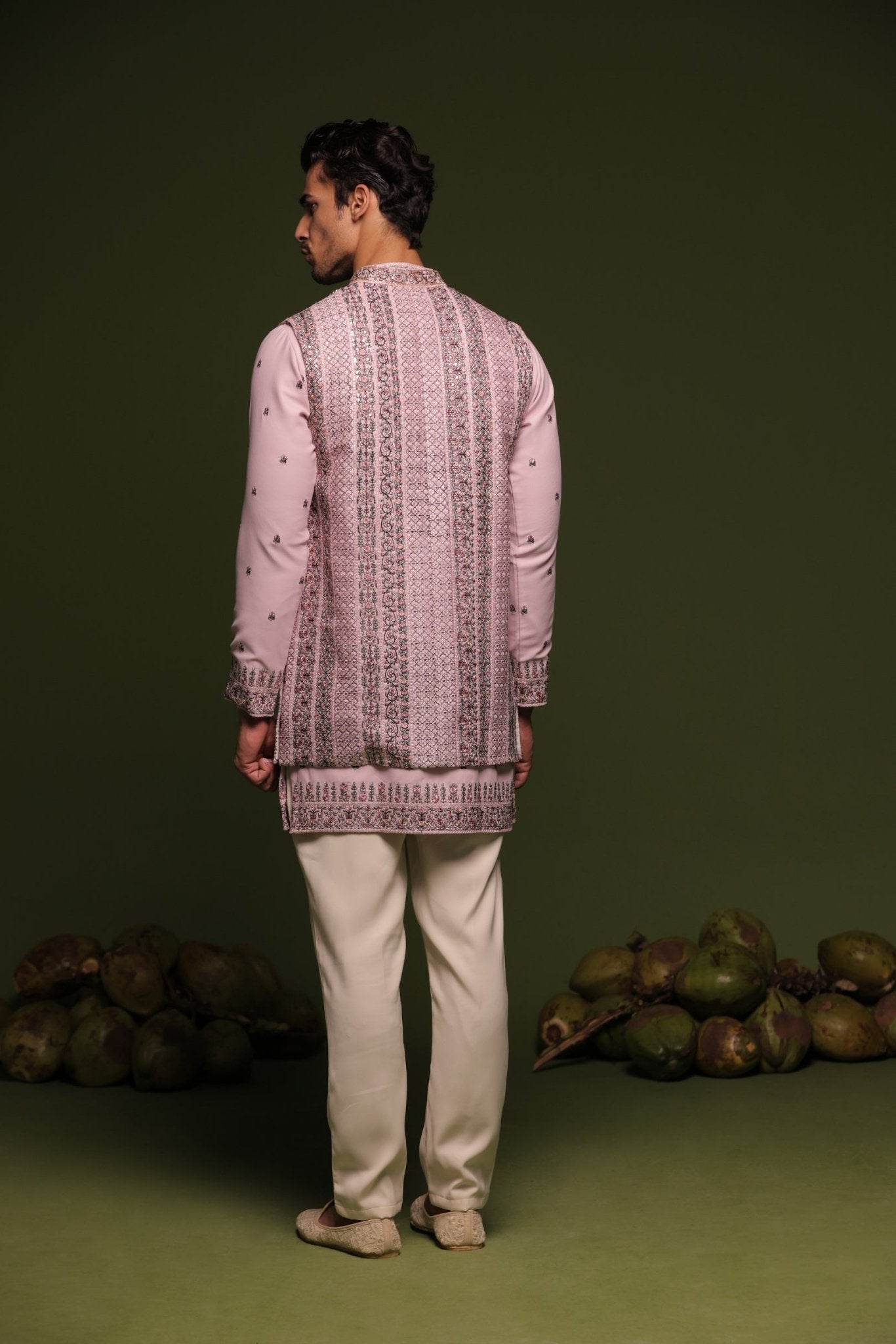 VRISHIN MAUVE PURPLE JODHPURI SET WITH SHORT SHIRT PANT - White Maison de Couture