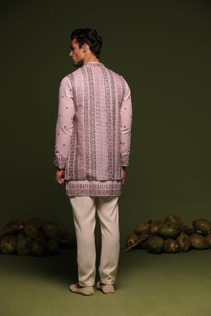 VRISHIN MAUVE PURPLE JODHPURI SET WITH SHORT SHIRT PANT - White Maison de Couture