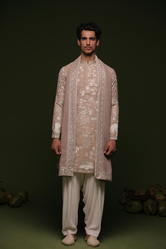 VRITRA BEIGE KURTA SET WITH PATIYALA AND DUPATTA - White Maison de Couture
