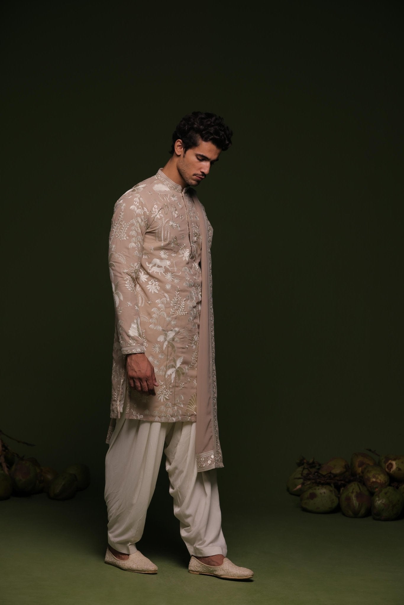 VRITRA BEIGE KURTA SET WITH PATIYALA AND DUPATTA - White Maison de Couture