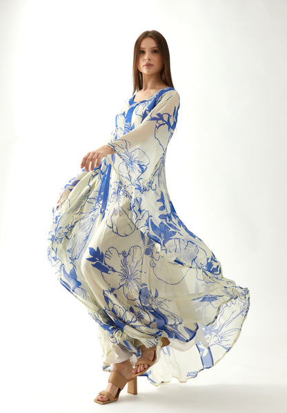 WHITE AND BLUE FLORAL KAFTAN