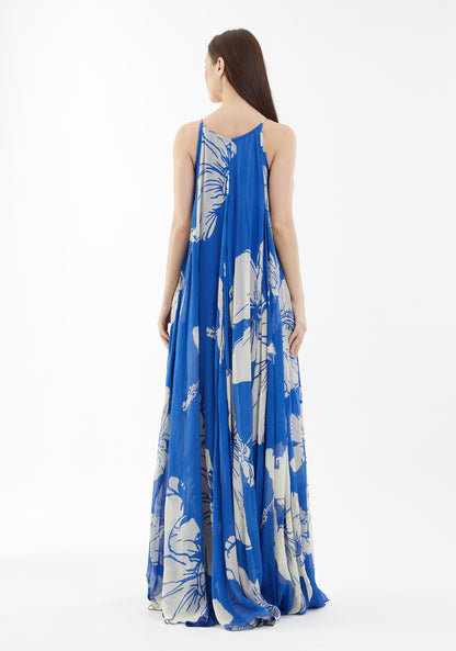 BLUE AND WHITE FLORAL SLEEVELESS LONG DRESS