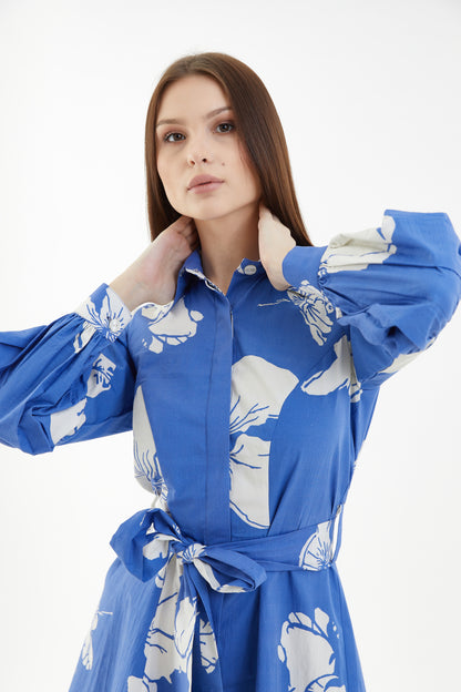 BLUE AND WHITE FLORAL SHIRT DRESS