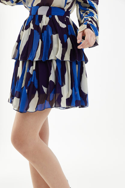 BLUE AND WHITE ABSTRACT SHORT SKIRT