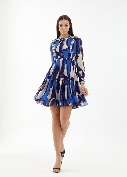 BLUE AND WHITE ABSTRACT SHORT DRESS