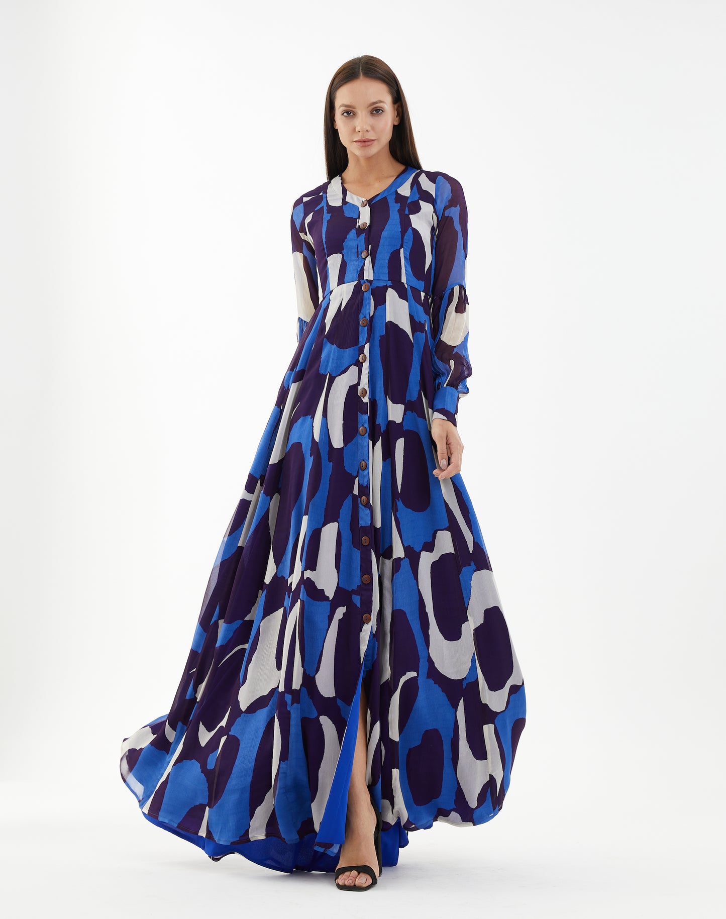 BLUE AND WHITE ABSTRACT LONG SHIRT DRESS