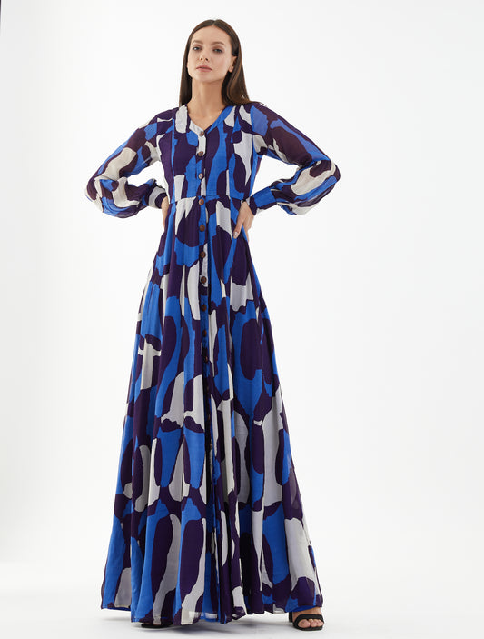 BLUE AND WHITE ABSTRACT LONG SHIRT DRESS