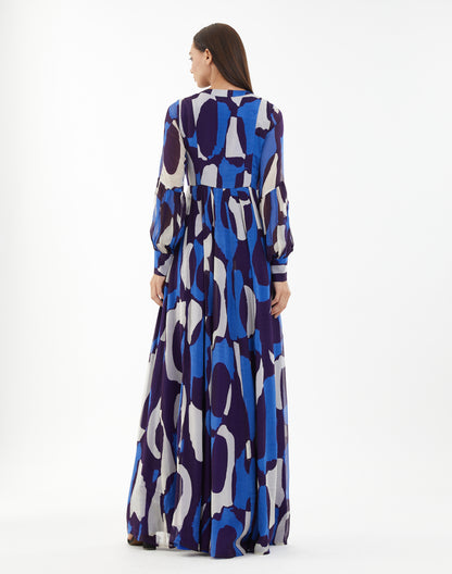 BLUE AND WHITE ABSTRACT LONG SHIRT DRESS