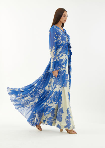 BLUE AND WHITE FLORAL THREE LAYER FRONT OPEN CAPE