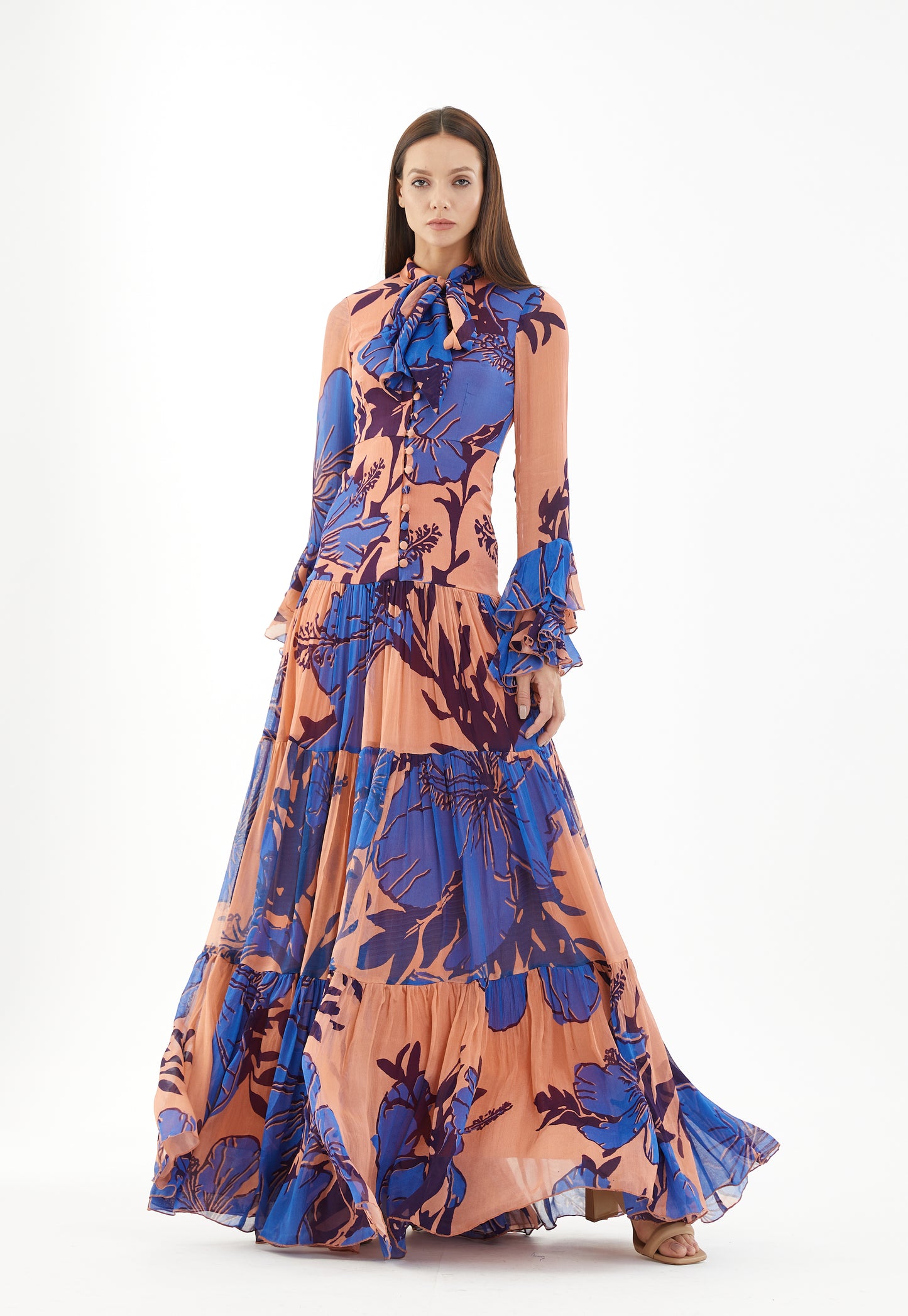 BLUE AND ORANGE FLORAL LONG DRESS