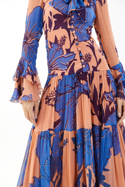 BLUE AND ORANGE FLORAL LONG DRESS