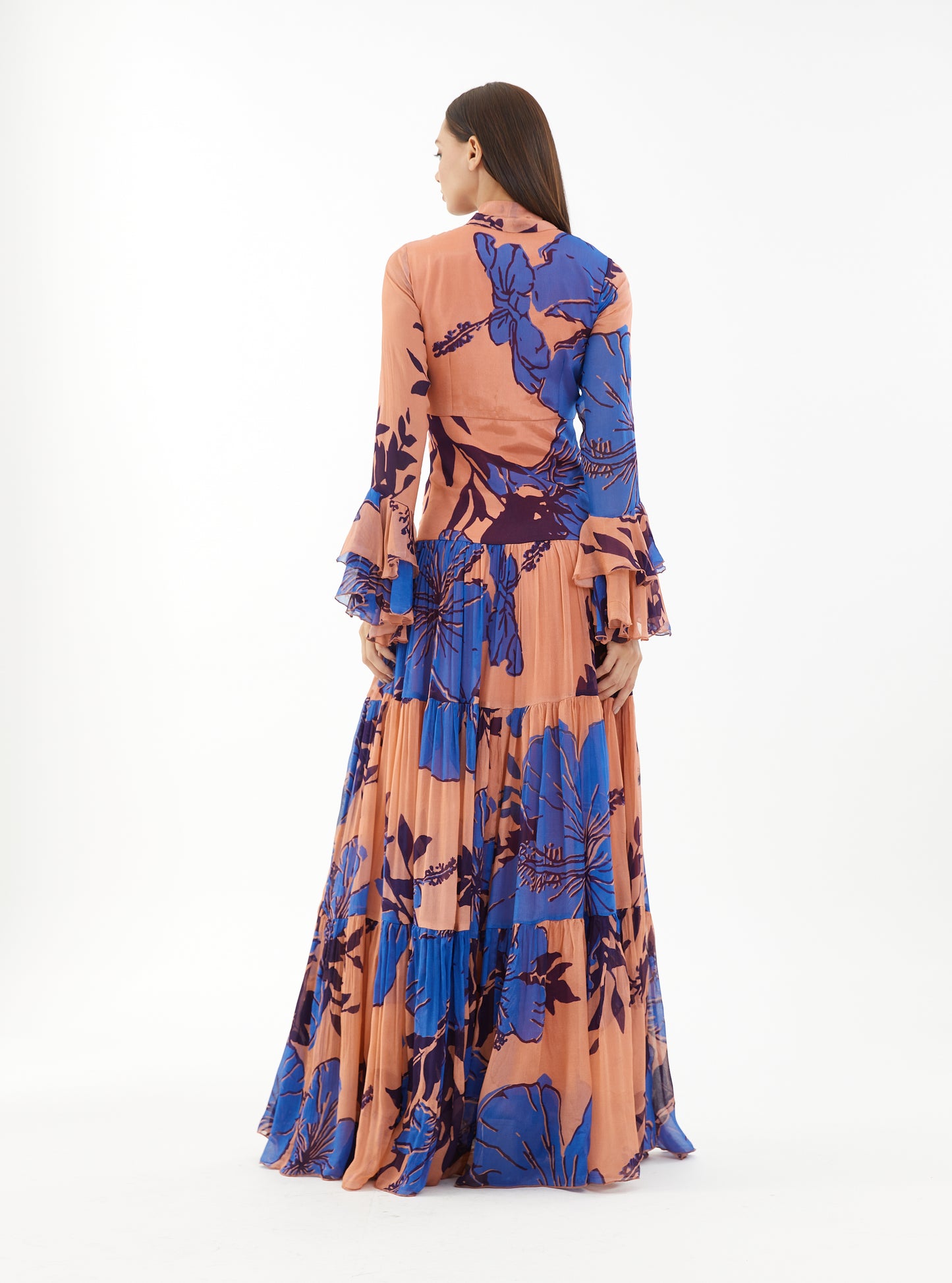 BLUE AND ORANGE FLORAL LONG DRESS