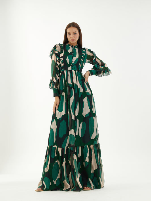 ABSTRACT FRILL LONG DRESS