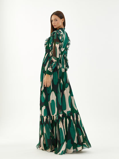 ABSTRACT FRILL LONG DRESS