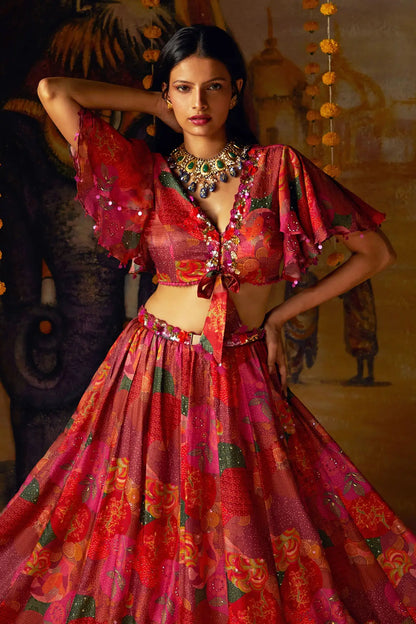 RED LAYERED LEHENGA