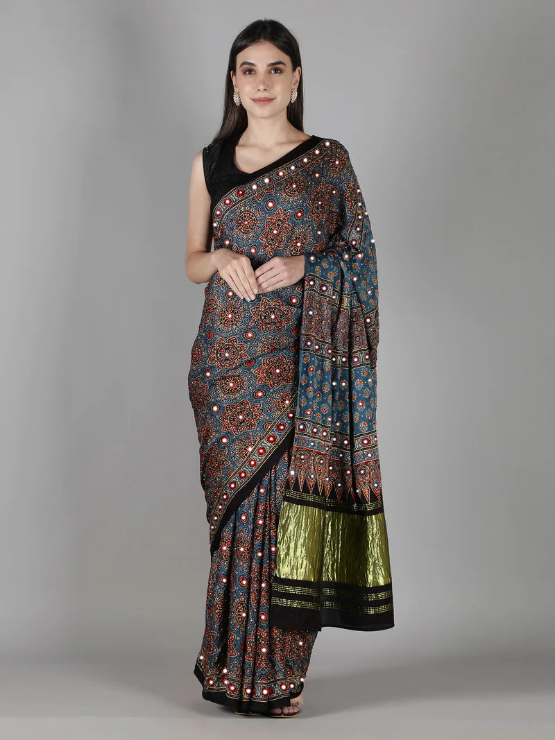 PRUSSIAN BLUE WITH RUST ACCENTS, ZARI PALLU AJRAKH SAREE