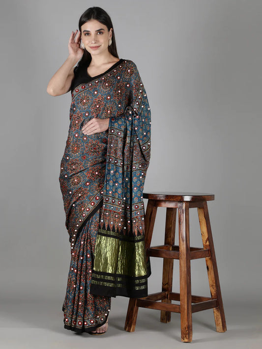 PRUSSIAN BLUE WITH RUST ACCENTS, ZARI PALLU AJRAKH SAREE