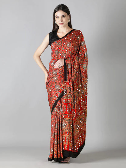 CRIMSON RED AJRAKH SAREE