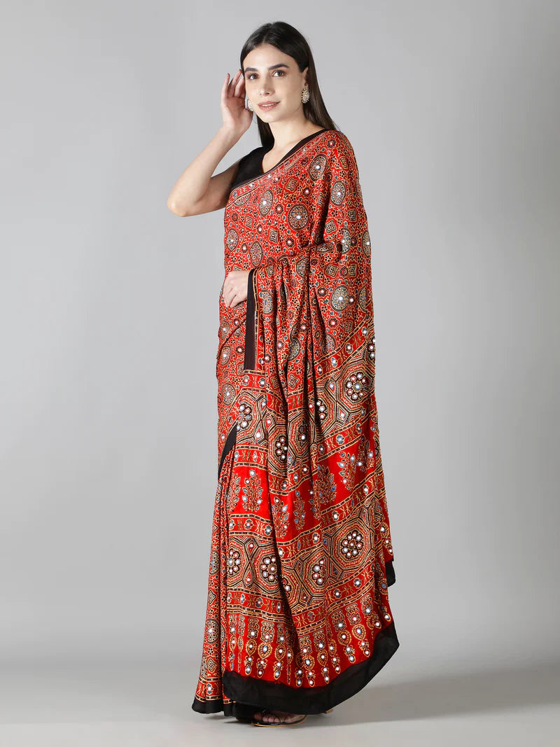 CRIMSON RED AJRAKH SAREE