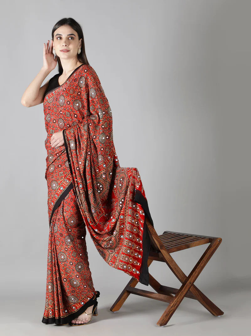 CRIMSON RED AJRAKH SAREE