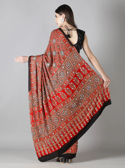 CRIMSON RED AJRAKH SAREE