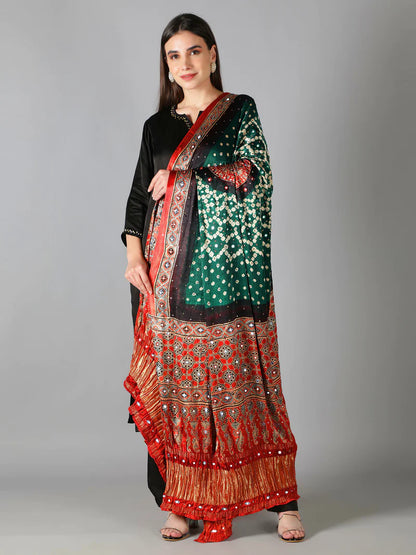 EMERALD GREEN BANDHEJ WITH ZARI PALLU AJRAKH DUPATTA