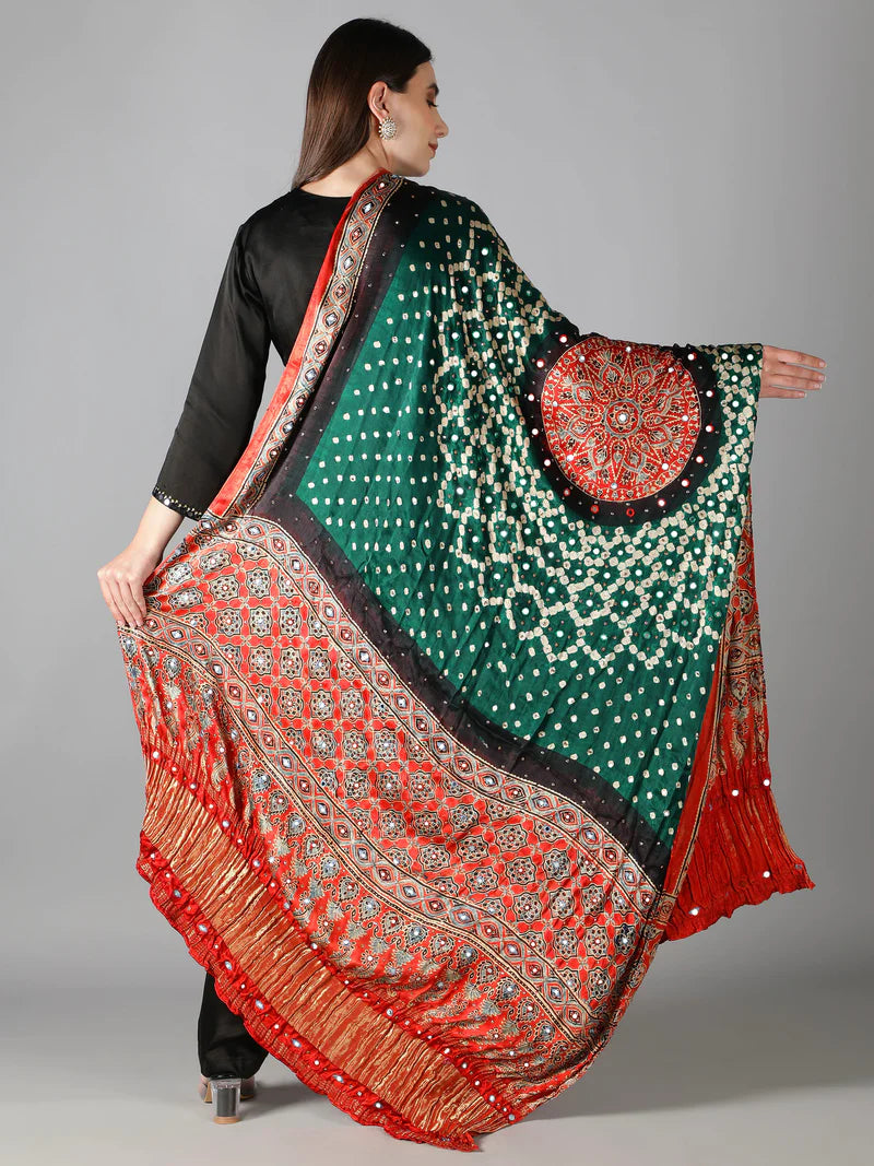 EMERALD GREEN BANDHEJ WITH ZARI PALLU AJRAKH DUPATTA