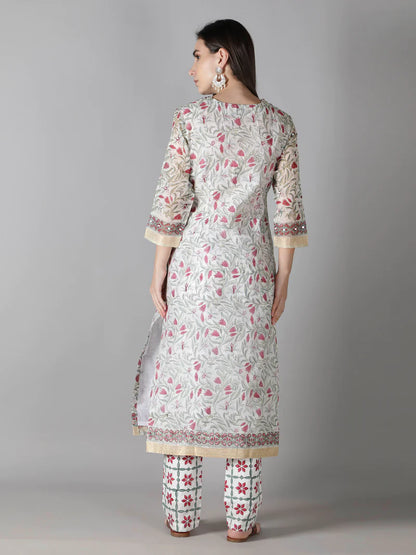 PEARL WHITE WITH MULTI HUED FLORALS KURTA SET