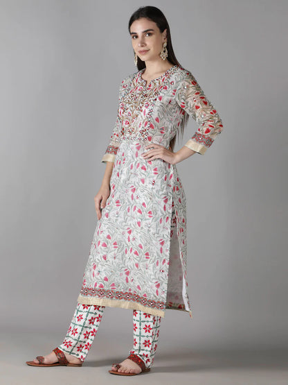 PEARL WHITE WITH MULTI HUED FLORALS KURTA SET