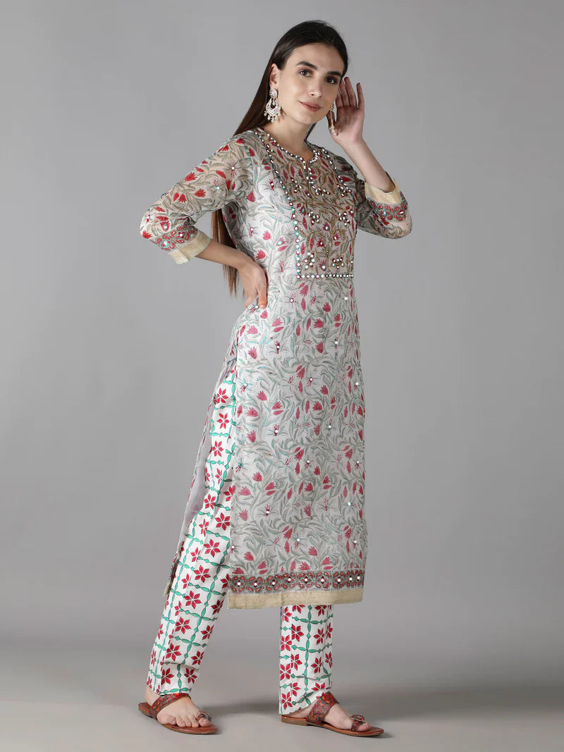 PEARL WHITE WITH MULTI HUED FLORALS KURTA SET