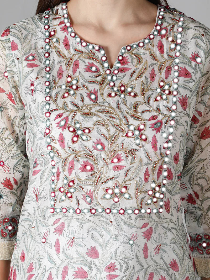 PEARL WHITE WITH MULTI HUED FLORALS KURTA SET