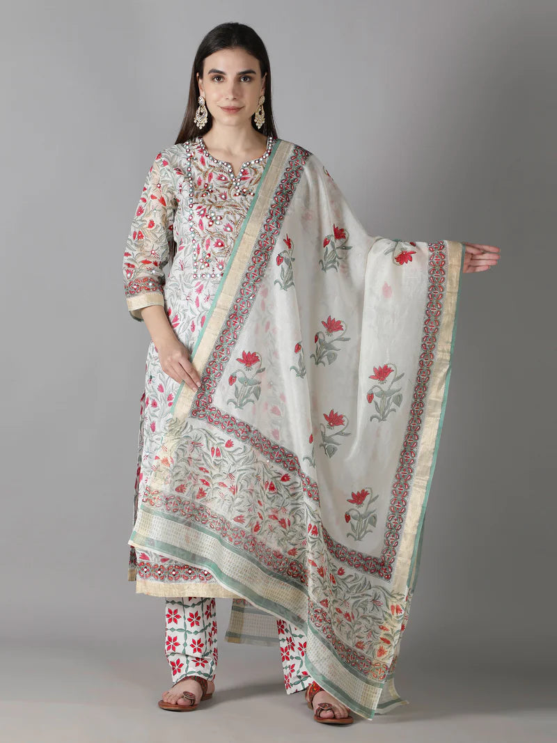 PEARL WHITE WITH MULTI HUED FLORALS KURTA SET