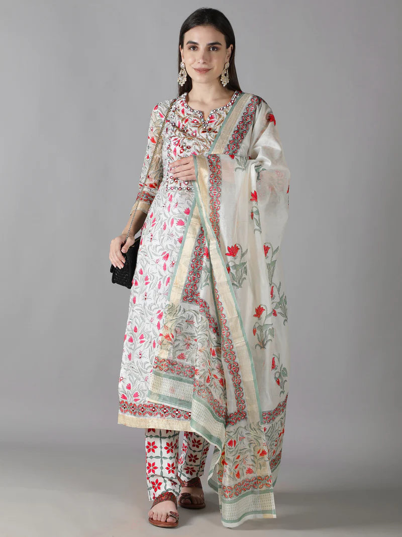 PEARL WHITE WITH MULTI HUED FLORALS KURTA SET